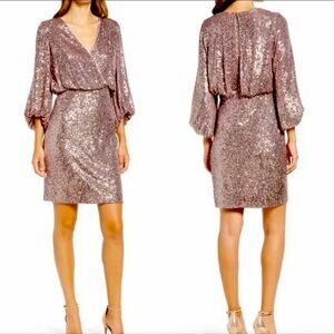 Eliza J Rose Gold Mauve Sequin Dress Faux Wrap Stretch waist sz 10